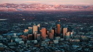 aerial view of Colorado with mountains in distance in Colorado, USA